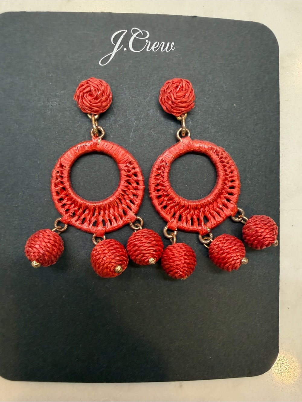 J. Crew Red Woven Circle Drop Earrings with Bead Dangles
